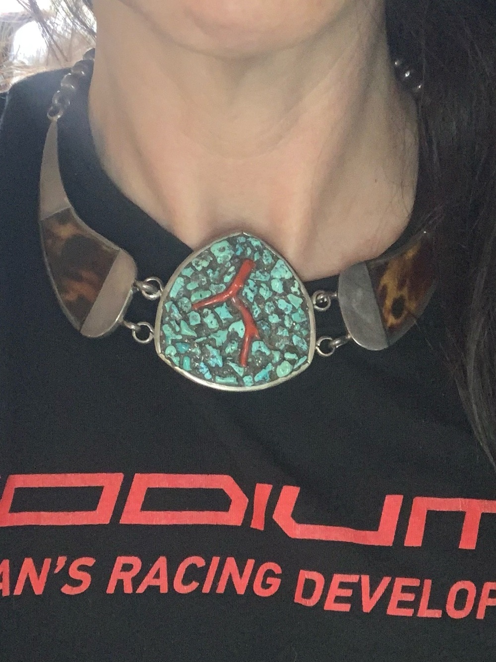 Large Choker length panel necklace turquoise & coral branch